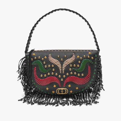 La Carrie Jungle Capsule Embroidered Fringe Shoulder Bag in Tumbled Black