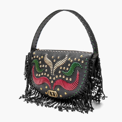 La Carrie Jungle Capsule Embroidered Fringe Shoulder Bag in Tumbled Black