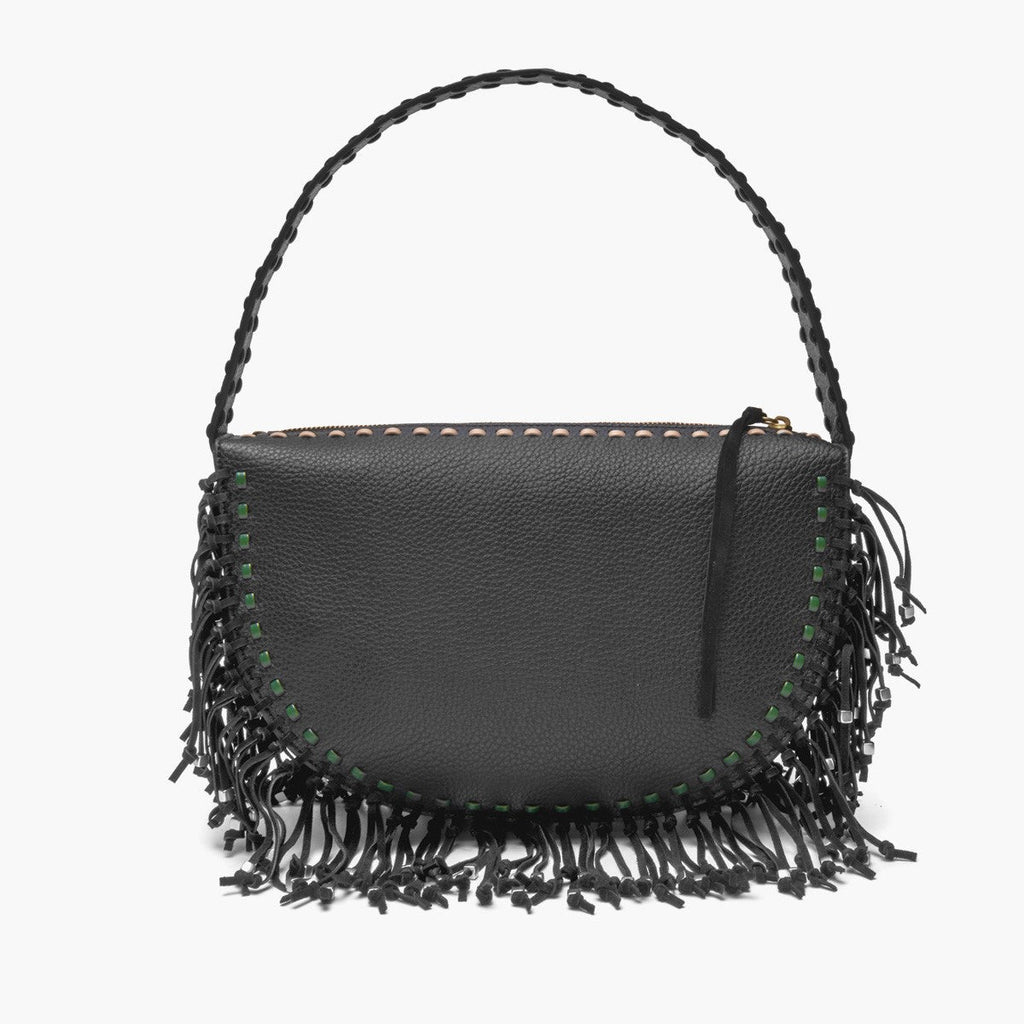 La Carrie Jungle Capsule Embroidered Fringe Shoulder Bag in Tumbled Black