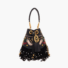 Load image into Gallery viewer, La Carrie Jungle Fringe Bucket Bag in Tumbled Black Leather