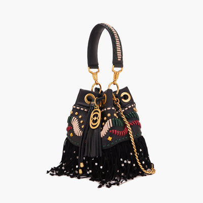 La Carrie Jungle Fringe Bucket Bag in Tumbled Black Leather