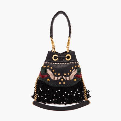 La Carrie Jungle Fringe Bucket Bag in Tumbled Black Leather