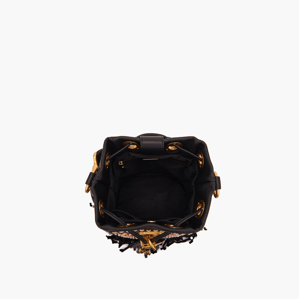 La Carrie Jungle Fringe Bucket Bag in Tumbled Black Leather