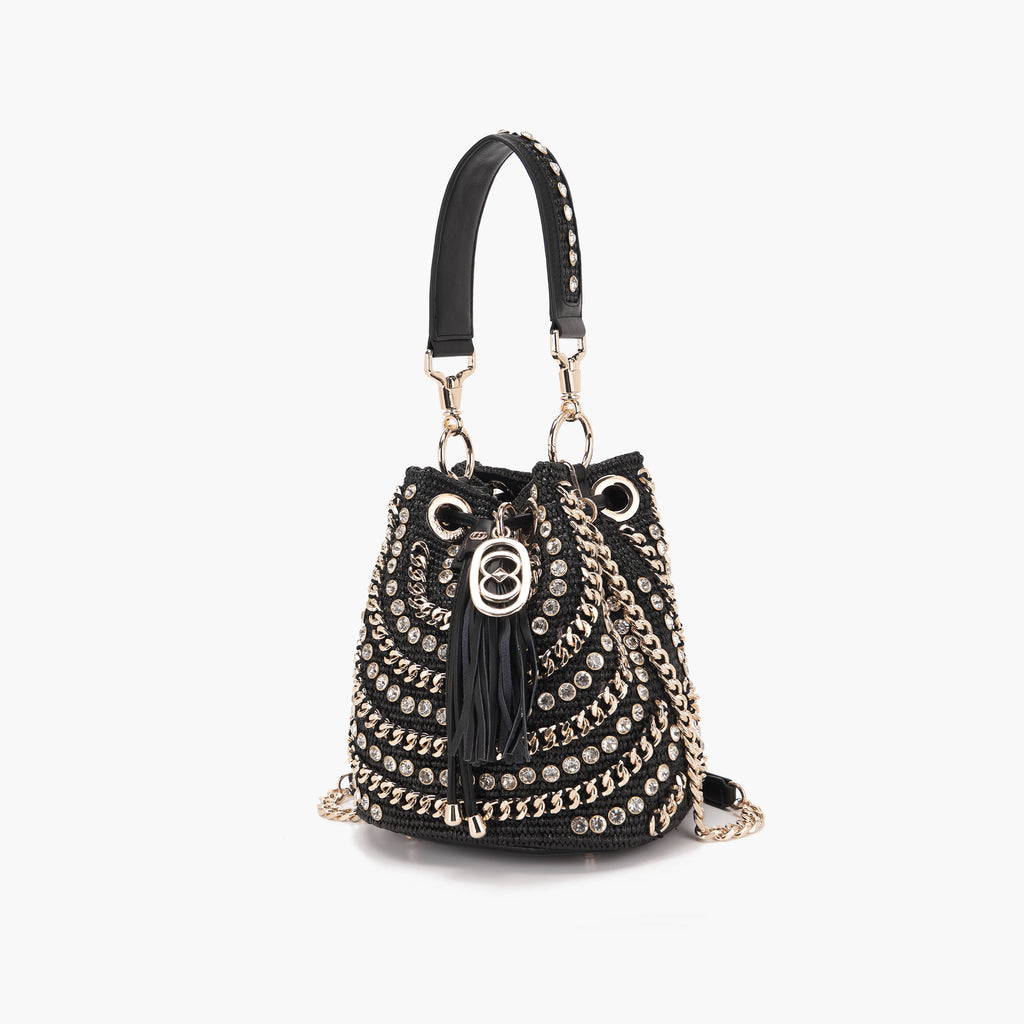 La Carrie Capsule Mirror Large Bucket Bag in Natural Raffia & Black Rope-Textile