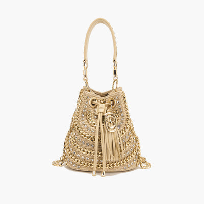 La Carrie Capsule Mirror Large Bucket Bag in Natural Raffia & Black Rope-Textile