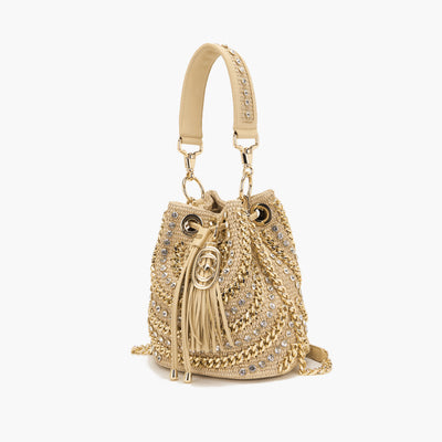 La Carrie Capsule Mirror Large Bucket Bag in Natural Raffia & Black Rope-Textile