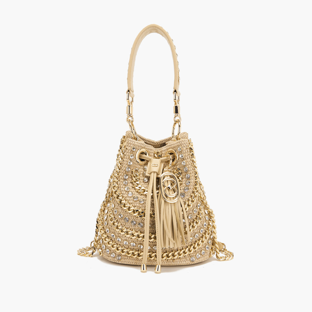 La Carrie Capsule Mirror Large Bucket Bag in Natural Raffia & Black Rope-Textile
