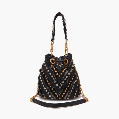 La Carrie Capsule Mirror V Large Bucket Bag in Black & Jeans Fabric Mix