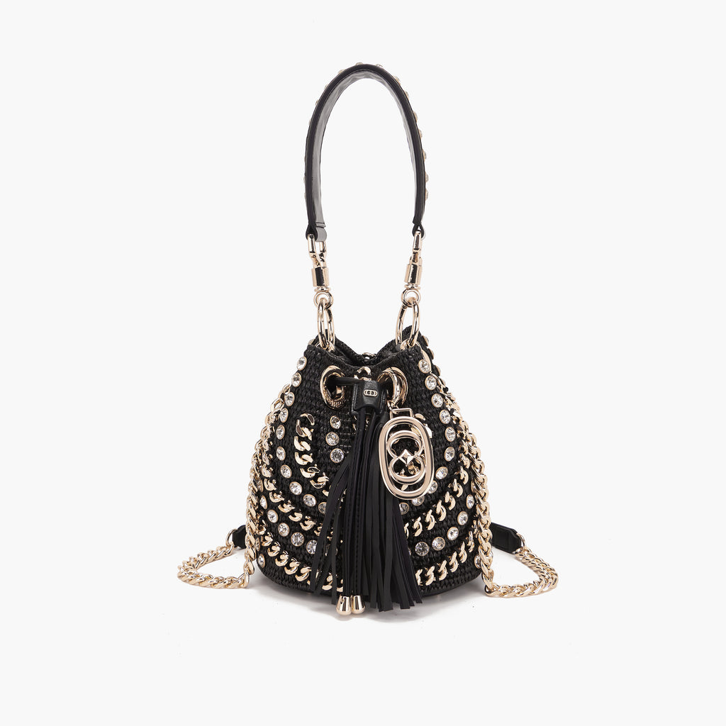 La Carrie Capsule Mirror Mini Bucket Bag in Natural Raffia & Black Rope-Textile