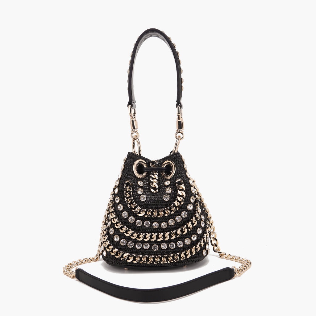 La Carrie Capsule Mirror Mini Bucket Bag in Natural Raffia & Black Rope-Textile