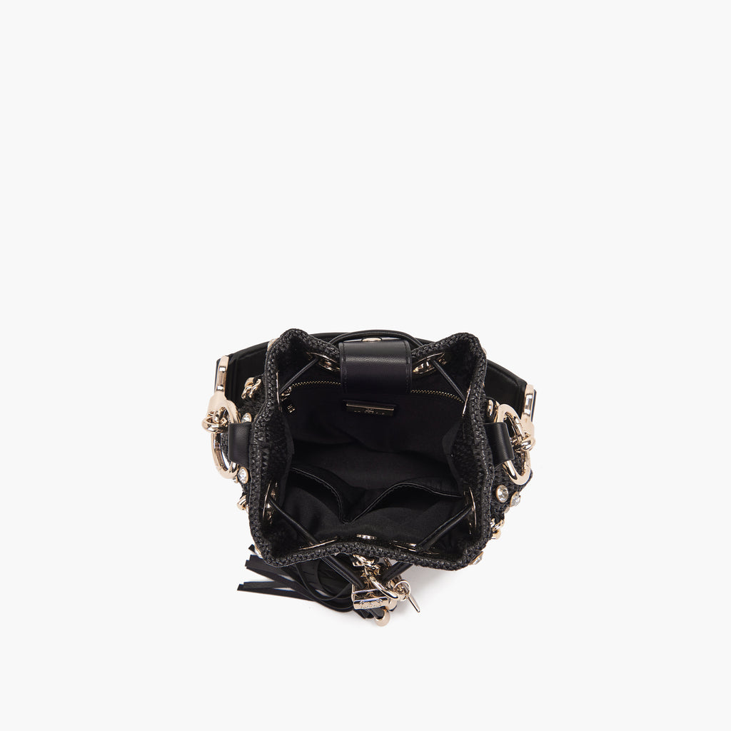 La Carrie Capsule Mirror Mini Bucket Bag in Natural Raffia & Black Rope-Textile