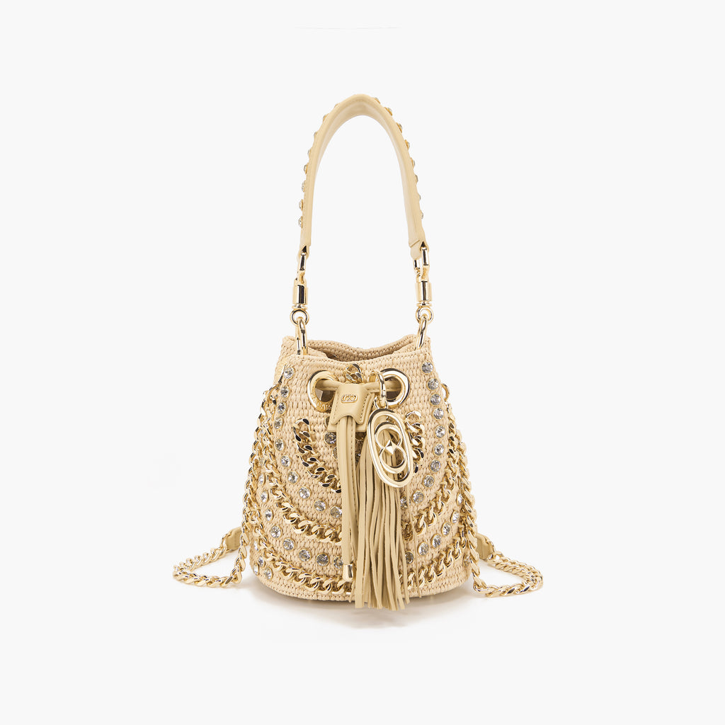 La Carrie Capsule Mirror Mini Bucket Bag in Natural Raffia & Black Rope-Textile