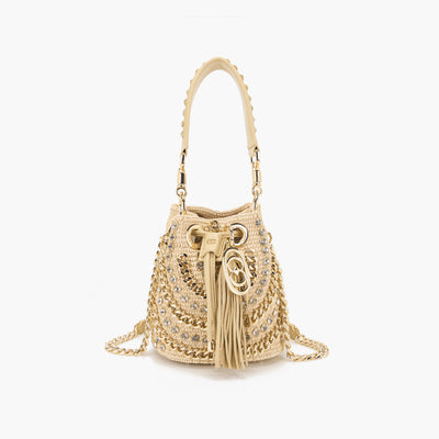 La Carrie Capsule Mirror Mini Bucket Bag in Natural Raffia & Black Rope-Textile