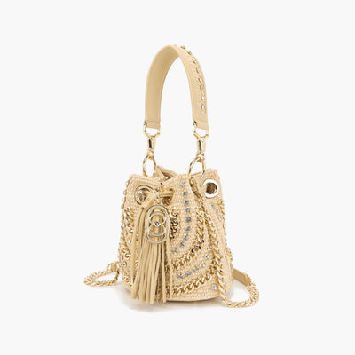 La Carrie Capsule Mirror Mini Bucket Bag in Natural Raffia & Black Rope-Textile