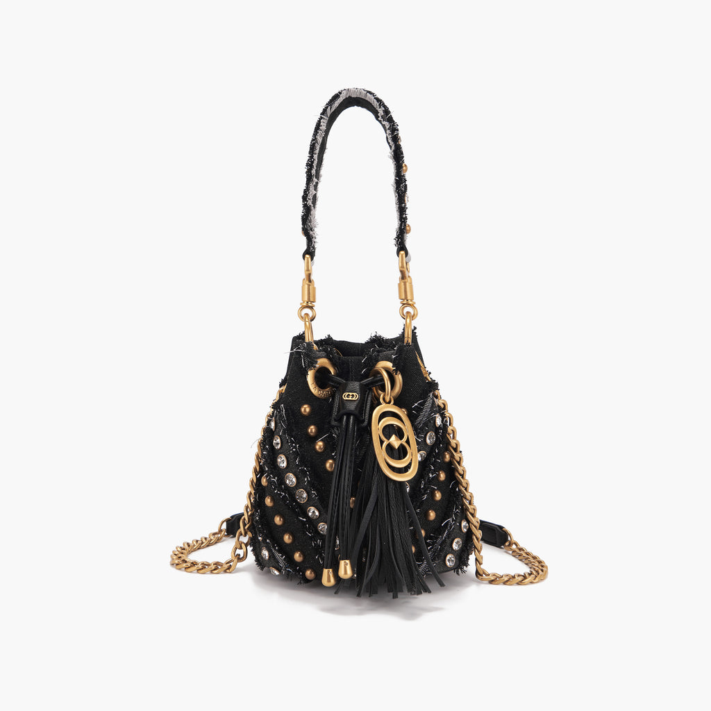 La Carrie Capsule Mirror V Mini Bucket Bag in Black & Jeans Fabric Mix