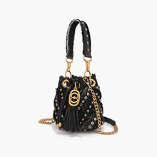Load image into Gallery viewer, La Carrie Capsule Mirror V Mini Bucket Bag in Black &amp; Jeans Fabric Mix