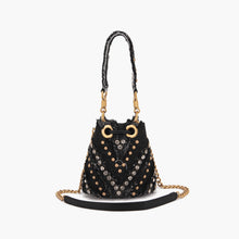 Load image into Gallery viewer, La Carrie Capsule Mirror V Mini Bucket Bag in Black &amp; Jeans Fabric Mix