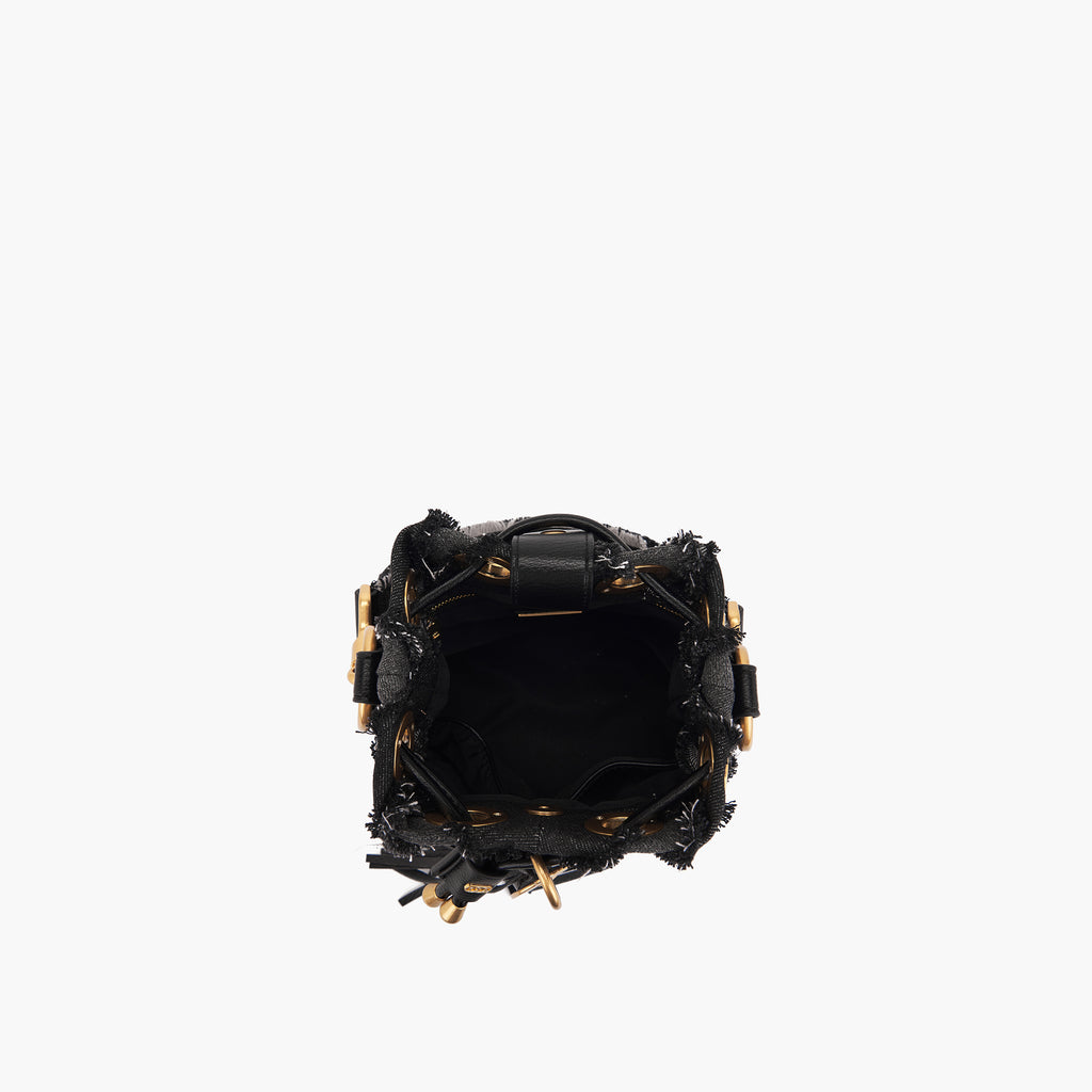 La Carrie Capsule Mirror V Mini Bucket Bag in Black & Jeans Fabric Mix