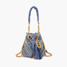 Load image into Gallery viewer, La Carrie Capsule Mirror V Mini Bucket Bag in Black &amp; Jeans Fabric Mix