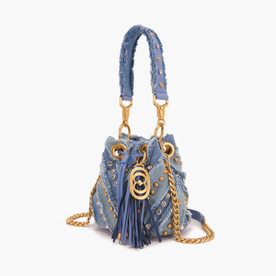 La Carrie Capsule Mirror V Mini Bucket Bag in Black & Jeans Fabric Mix