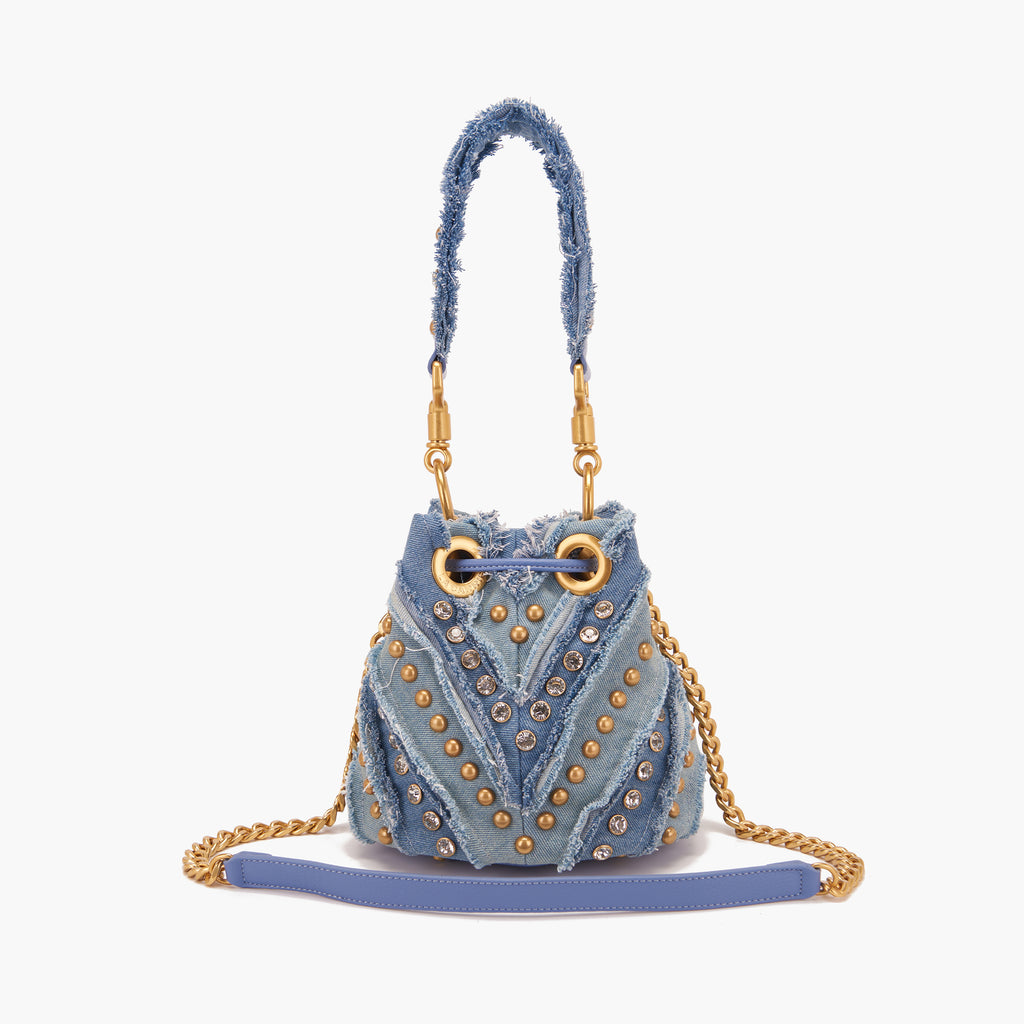 La Carrie Capsule Mirror V Mini Bucket Bag in Black & Jeans Fabric Mix
