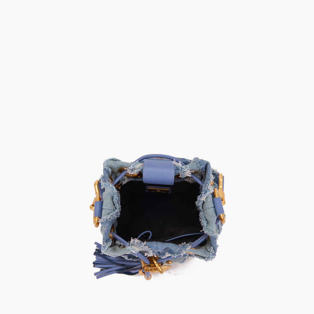 La Carrie Capsule Mirror V Mini Bucket Bag in Black & Jeans Fabric Mix