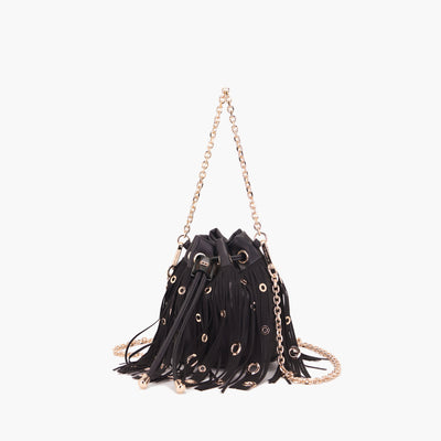 La Carrie Capsule Night Edition Fringes Bucket Bag in Black & Red Leather