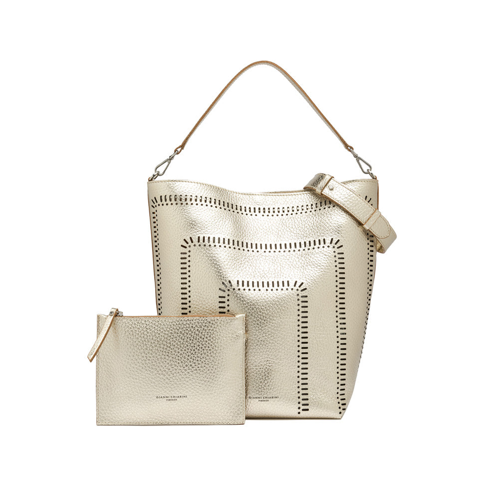 Gianni Chiarini Vanessa 11447 Large Perforated Leather Bucket Tote in Light Gold